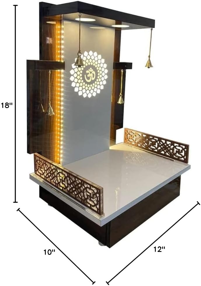 Templo de madera marrón con luz LED para el hogar y la oficina, templo del hogar, Puja Mandir, colgante de pared y mesa (18 x 12 10 pulgadas),