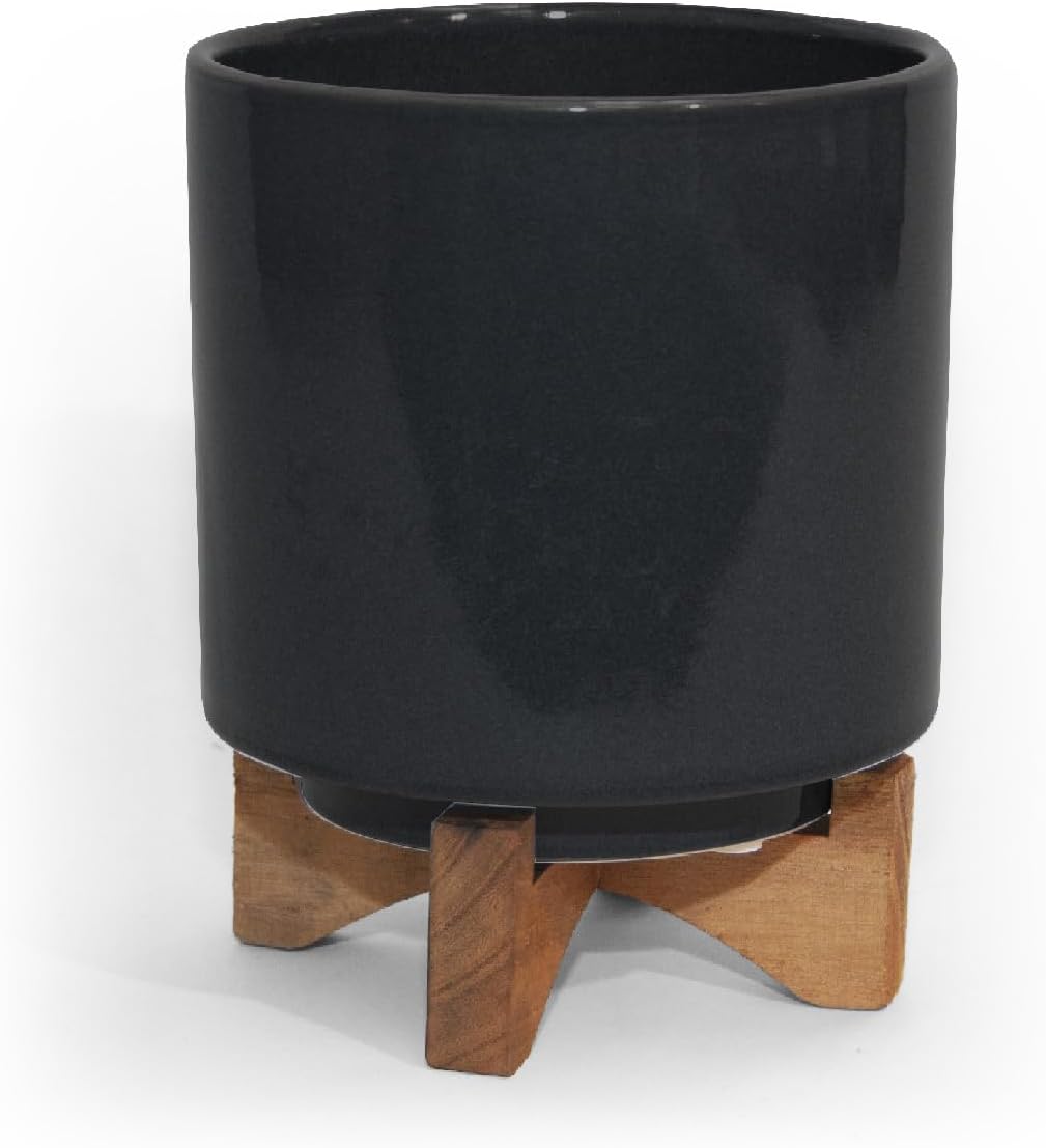 Maceta de cerámica con soporte de madera, maceta de 6.5 pulgadas de altura y 5.1 pulgadas de diámetro, maceta de cerámica negra para plantas y
