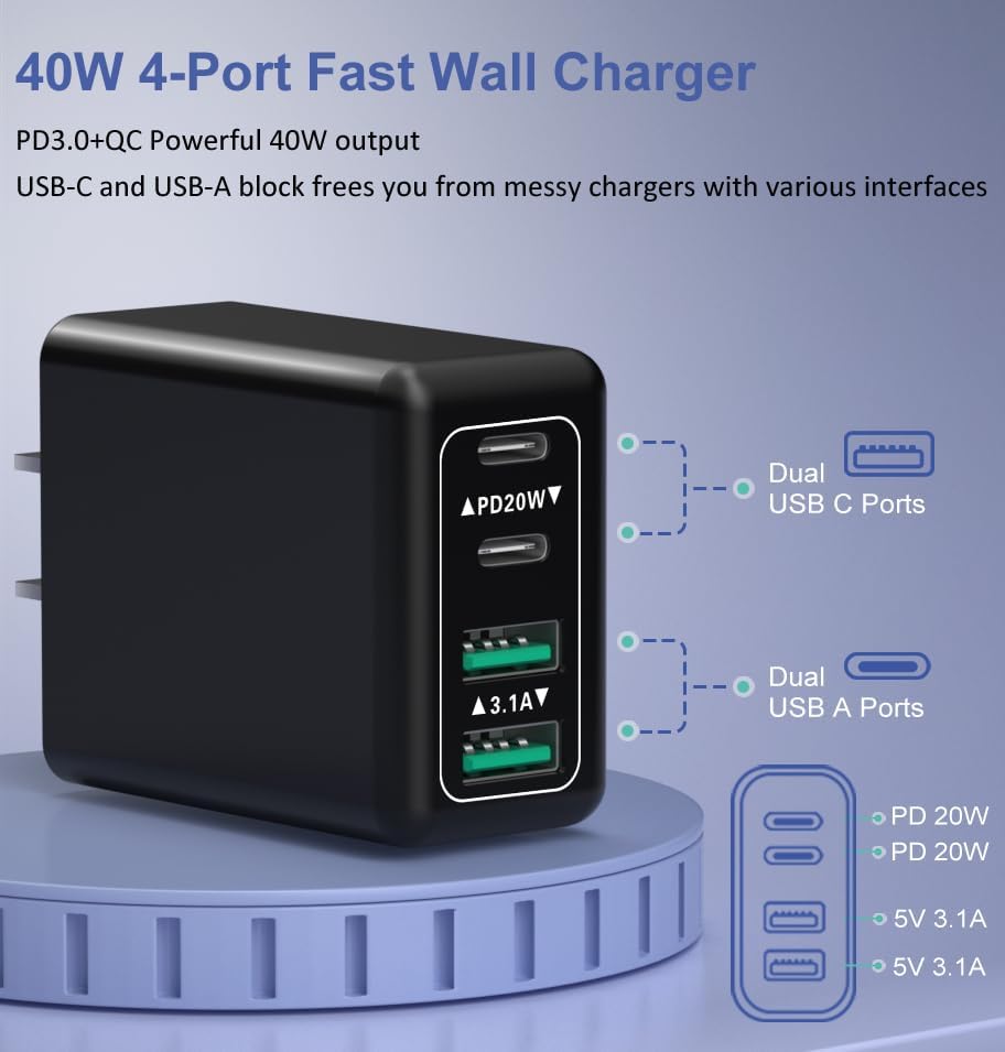 Paquete de 3 bloques de cargador USB C, cargador rápido de 40 W, 4 puertos, 20 W, bloque de carga tipo C, cargador de pared USB de 3.1 A, doble
