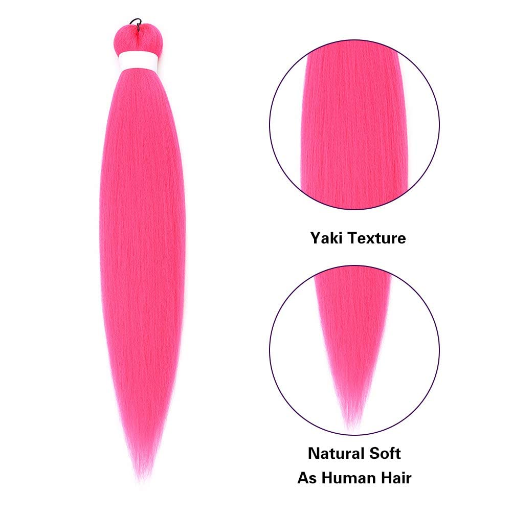 Cabello trenzado ignífugo preestirado de color rosa intenso, 3 paqueteslote, trenzas sin picazón, ajuste de agua caliente, fibra sintética, textura