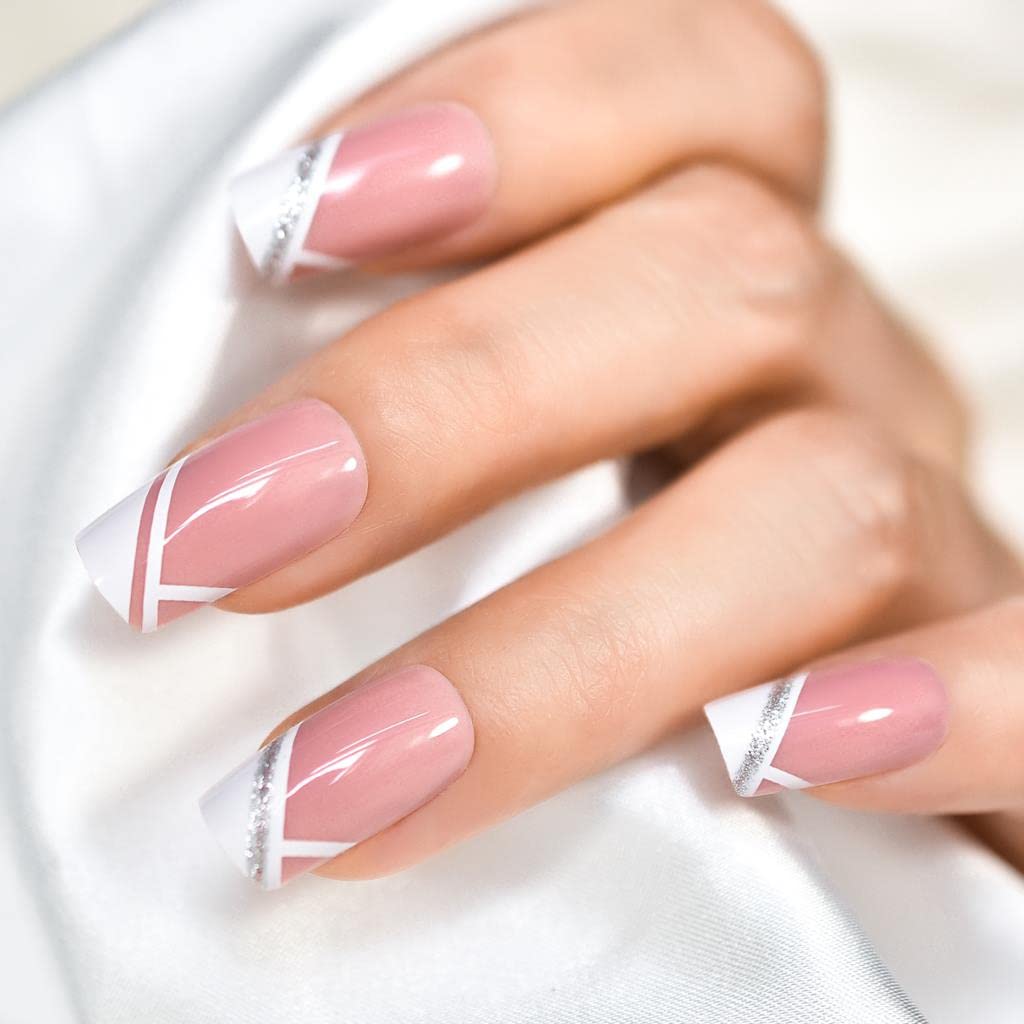 iBeautying – Uñas postizas a presión blancas y rosas francesas, uñas postizas con acabado de gel UV, uñas postizas reutilizables con purpurina