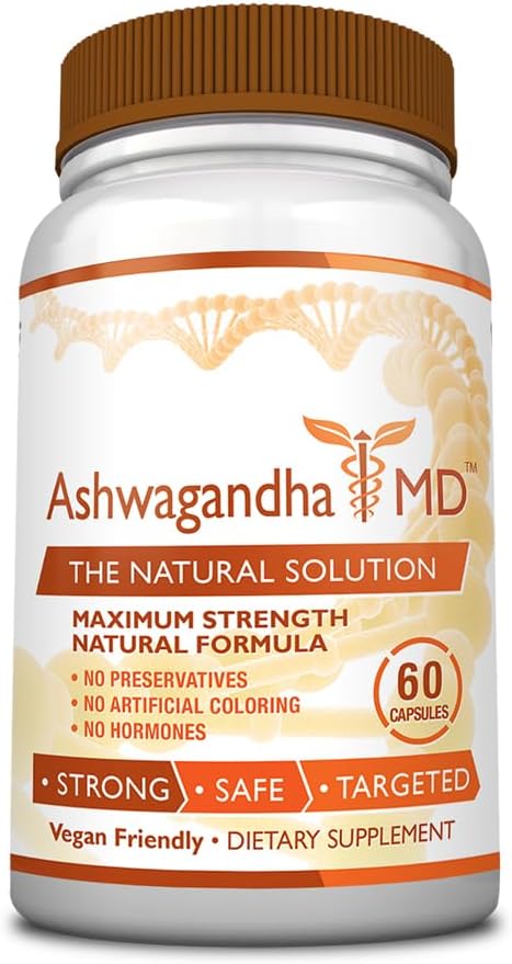 Ashwagandha MD con jengibre y bioperina. Reduce el estrés, mejora el estado de ánimo, mejora el sueño. Orgánico y vegano 60 cápsulas – 1 botella –