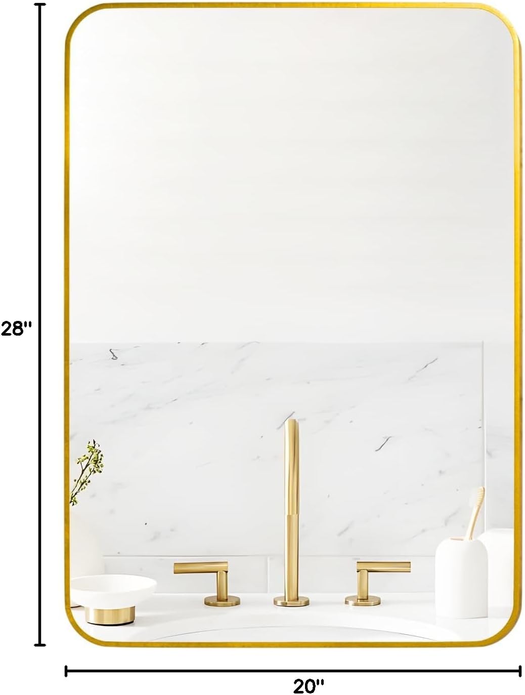 Manocorro Espejo de pared para baño, 20 x 28 pulgadas, espejo rectangular dorado con marco de aleación de aluminio, espejo colgante de esquina
