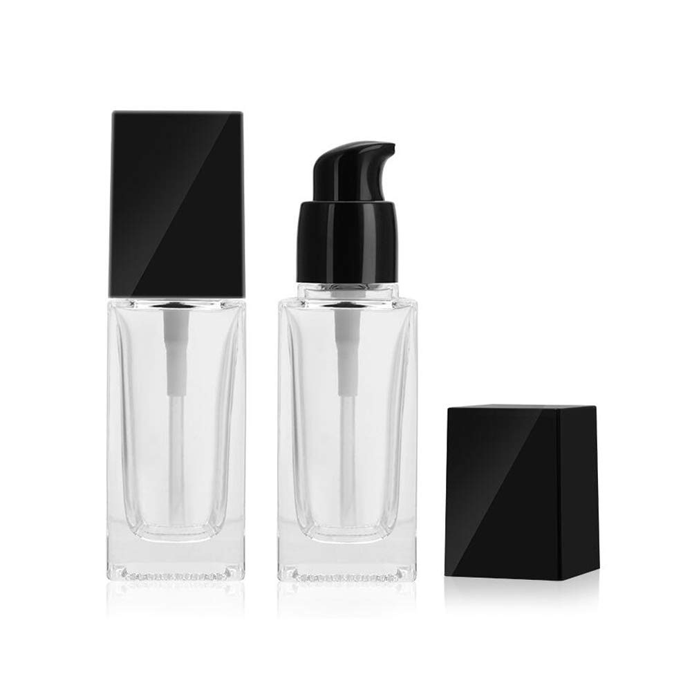 2 botellas cuadradas de vidrio de 1 onza, recipientes de loción transparentes con cabezal de bomba negro, viales de viaje vacíos para base de