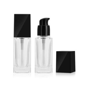 2 botellas cuadradas de vidrio de 1 onza, recipientes de loción transparentes con cabezal de bomba negro, viales de viaje vacíos para base de 2 botellas cuadradas de vidrio de 1 onza, recipientes de loción transparentes con cabezal de bomba negro, viales de viaje vacíos para base de