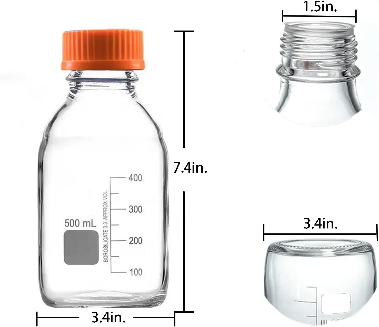 Botellas redondas de almacenamiento de medios de 16.9 fl oz con tapa de rosca GL45, vidrio de borosilicato, temperatura máxima 249.8 F, paquete de 3