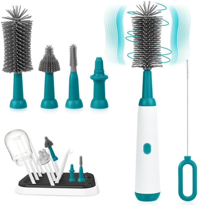 FTUREERA Juego de 6 cepillos eléctricos para botellas, cepillo para biberones, estante de secado de biberones para botellas, impermeable,
