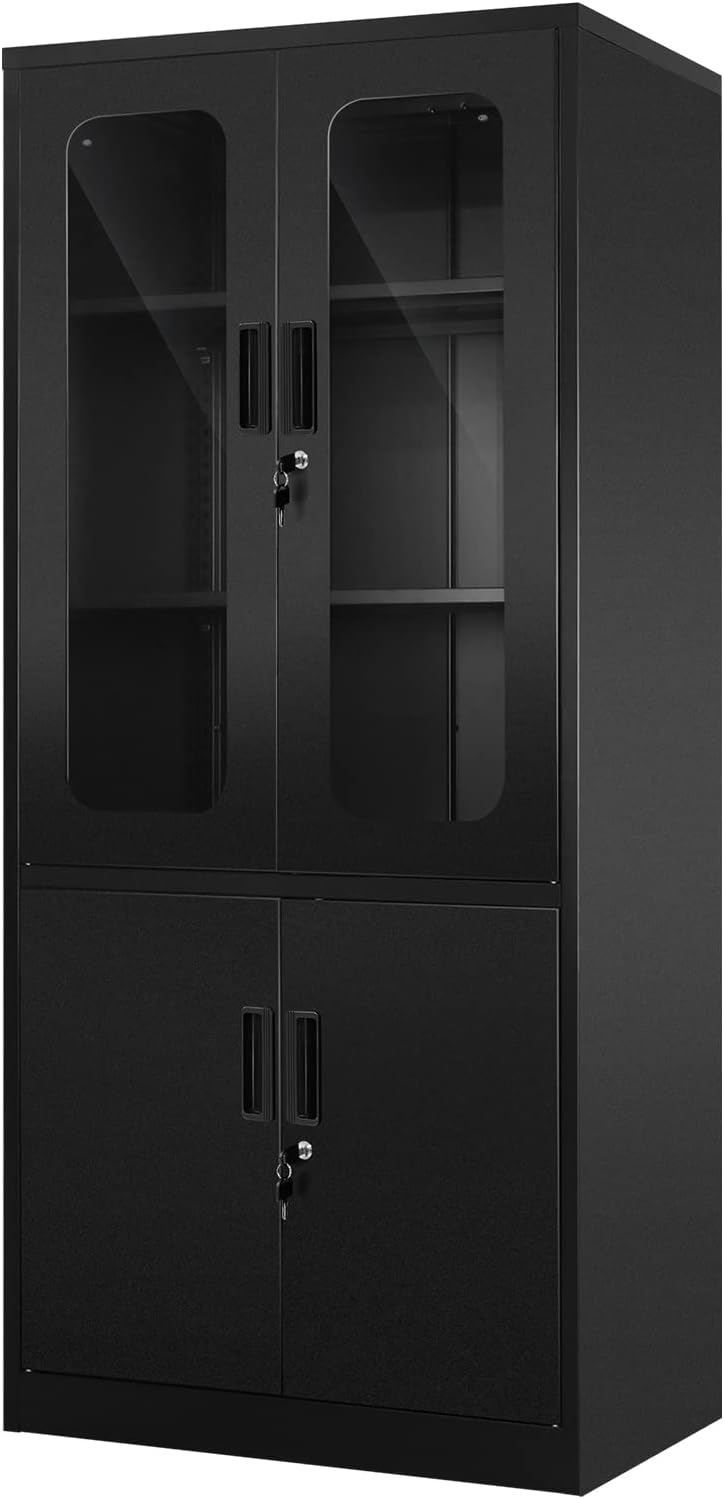 Greenvelly Armario de almacenamiento de metal con 2 puertas y estantes ajustables, armario de acero de 72 pulgadas con puertas de vidrio, gabinete