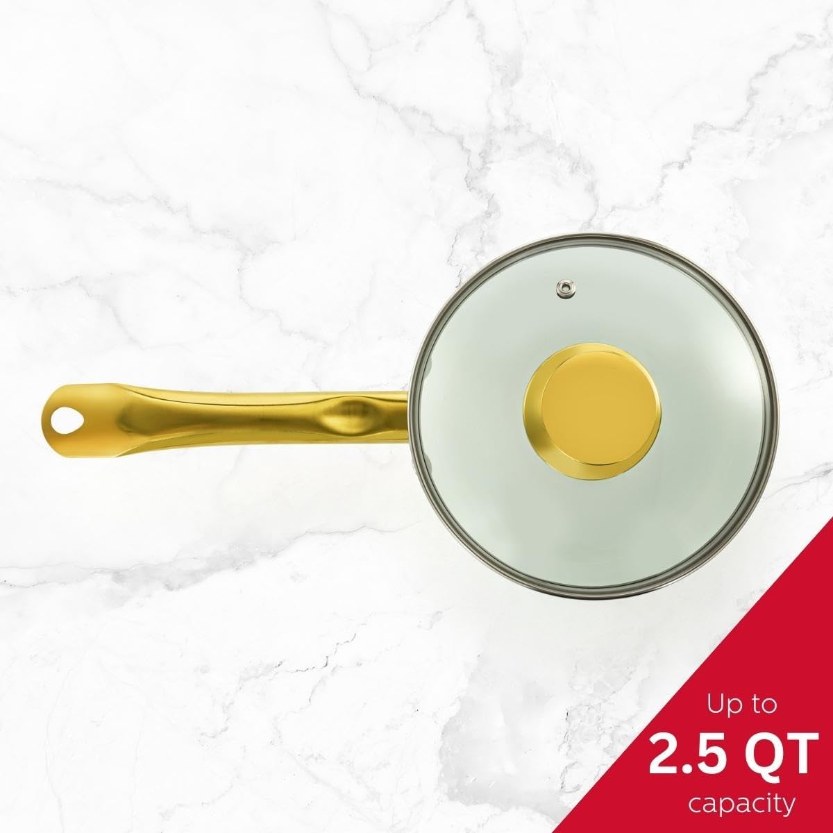 Holstein Housewares Cacerola antiadherente de cerámica blanca de 2.5 cuartos con tapa, color dorado y mango de acero inoxidable, elegancia dorada