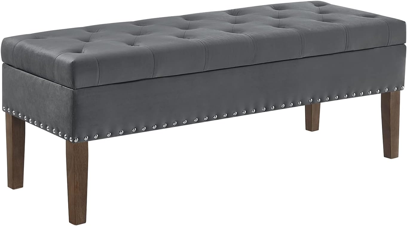 24KF Banco de almacenamiento tapizado de terciopelo con botones copetudos y clavos tachonados para sala de estar, 5076 – gris oscuro