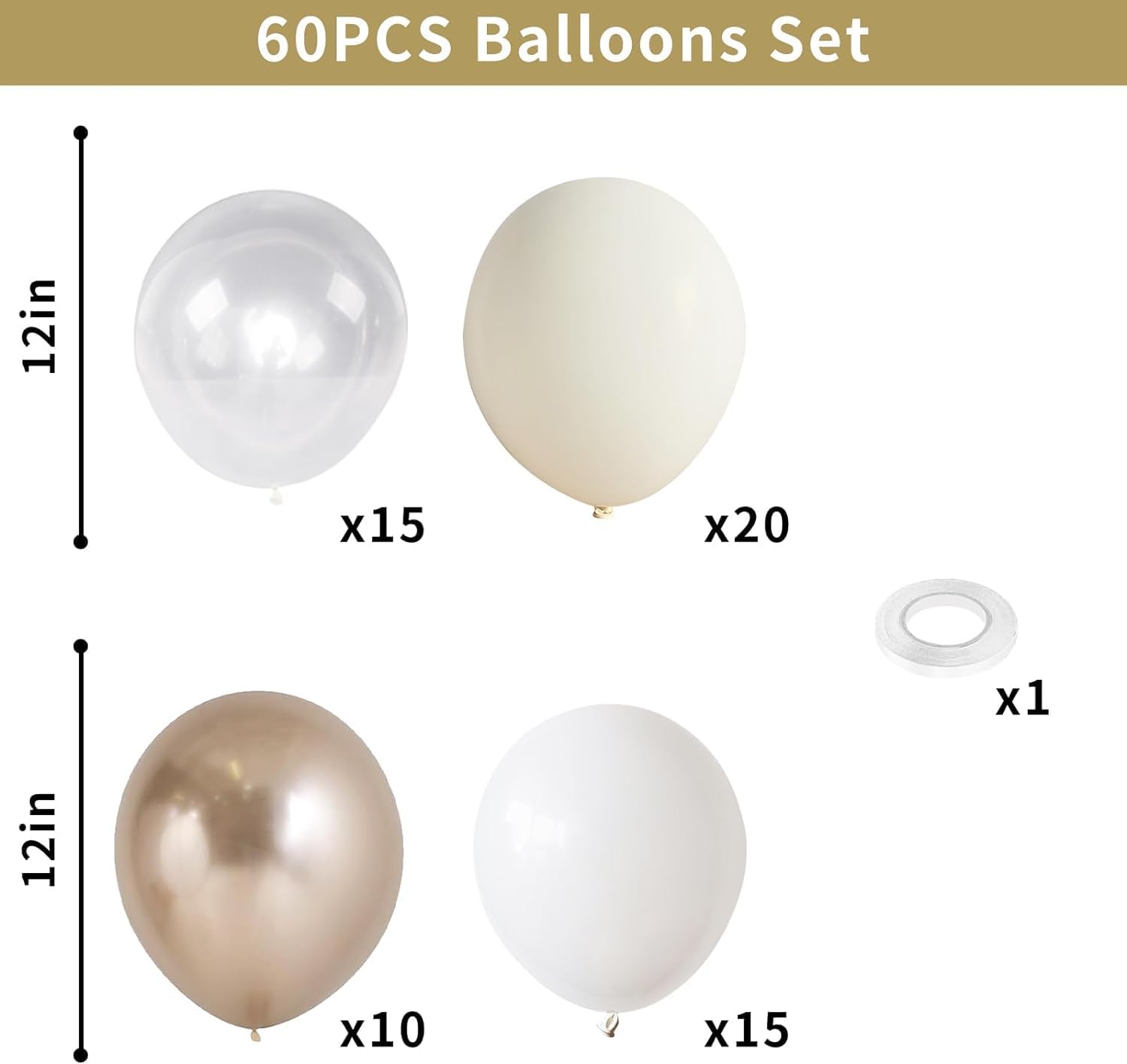 Globos de oro blanco nude, 60 globos transparentes metálicos de color dorado champán, crema, blanco, blanco, arena, rubor, beige, transparente,