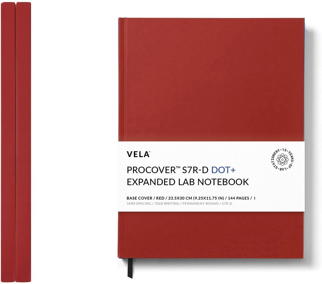 Vela Sciences S7R-D ProCover – Cuaderno de laboratorio expandido, 9.25 x 11.75 pulgadas (9.3 x 11.8 in), 144 páginas, cuero sintético rojo,