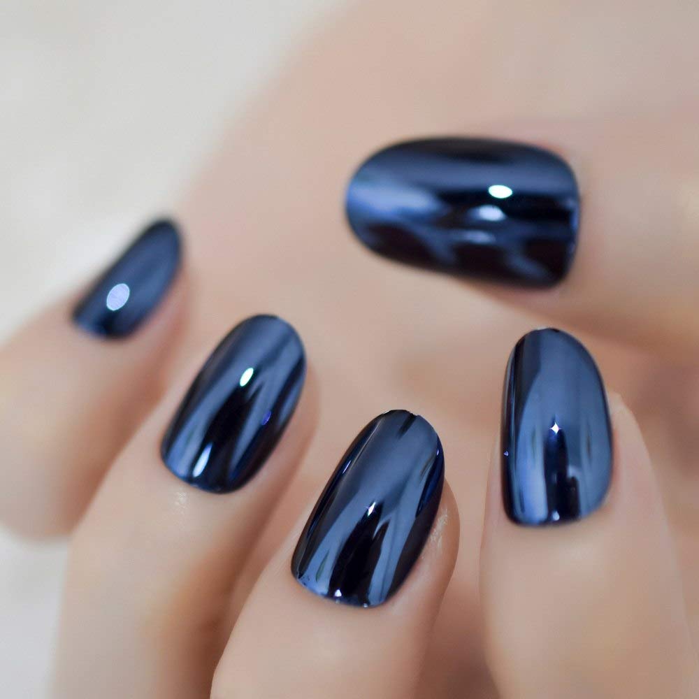Coolnail Espejo metálico brillante azul gris mezcla de uñas postizas de metal azul ovalado redondo uñas postizas manicura uñas completas consejos de