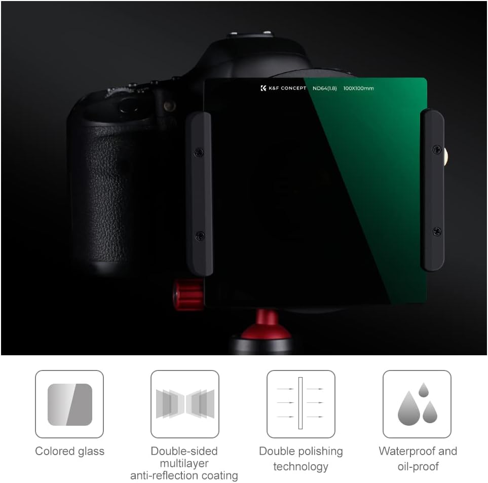 K&F Concept 3.937 x 3.937 in ND64 (6 Stop) Filtro Cuadrado Ultra Delgado HD 28 Recubrimientos Multicapa Densidad Neutra Importación AGC Vidrio Óptico