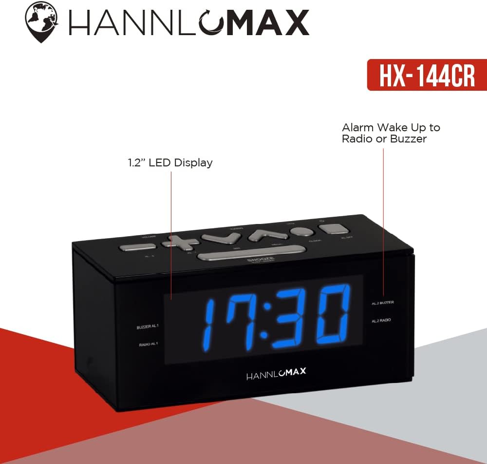 HANNLOMAX Radio despertador HX-144CR, radio PLL AMFM, pantalla LED de 1.2 pulgadas, reloj digital con alarma dual, solo operación de CA (LED