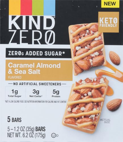 KIND Barras de azúcar cero añadido, aperitivos amigables con Keto, sabor a almendra de caramelo y sal marina, caja de 6.2 onzas (5 barras)