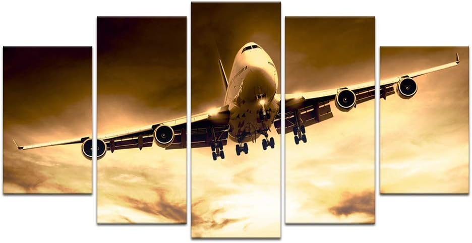 sechars Lienzo grande de 5 piezas, arte para pared, diseño de avión al atardecer, impresión en lienzo para sala de estar, dormitorio, decoración de