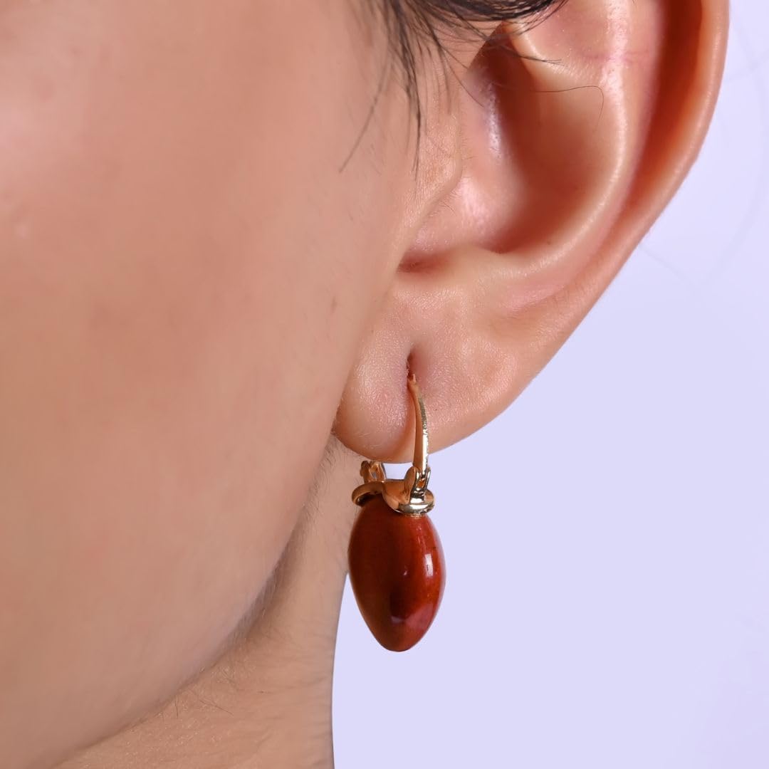 Gempires Mother’s Day Gift Red Jasper Hoop Earrings, Dangle Drop, Trendy, Handmade 15mm Pear shape Crystal, Dainty Statement Earring, 14k Gold