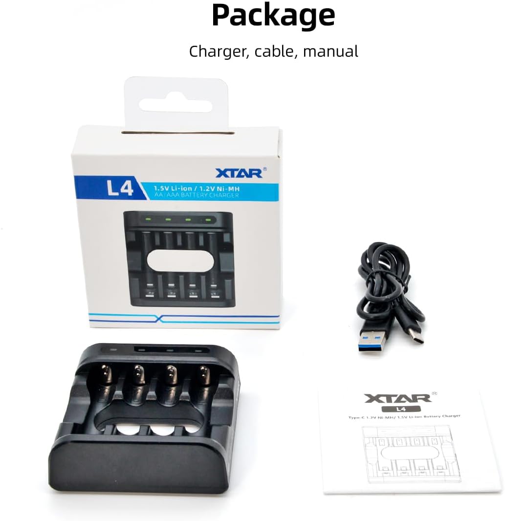 XTAR Cargador L4 AA AAA para todas las baterías recargables AA AAA 1.2V y 1.5V AA AAA Cargador de baterías