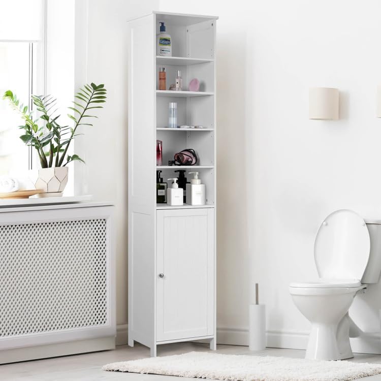 Safeplus Gabinete de almacenamiento de baño de 72 pulgadas de alto, organizador de torre independiente con estantes ajustables y puerta (blanco)