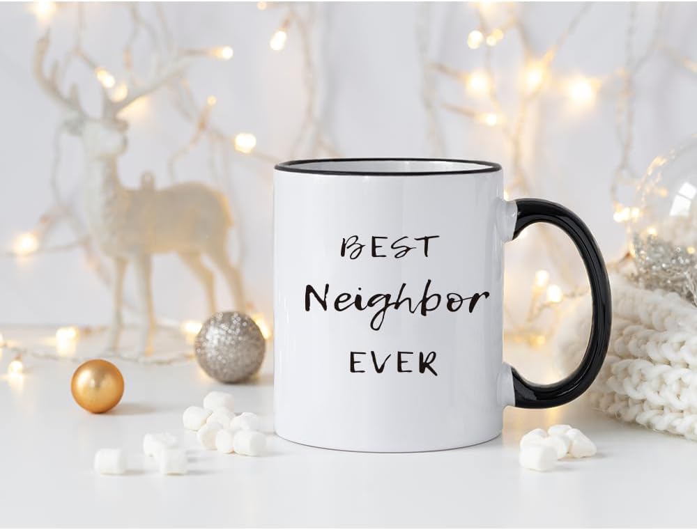 SRIHBET Taza de café con texto en inglés “Best Neighbor Ever”, taza de café para tus impresionantes vecinos compañeros de trabajo, amigos, taza de