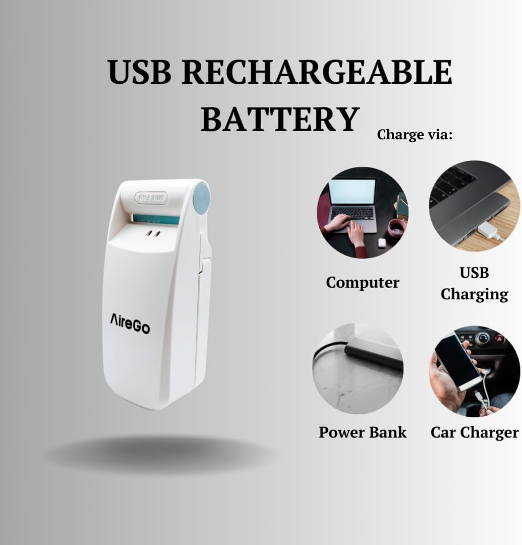 AireGo Mini ventilador de mano portátil, plegable, batería recargable por USB, dos velocidades de viento, viajes, al aire libre, deportes, oficina