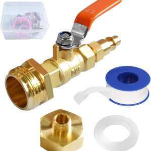 Adaptador de latón soplado RV Winterize con válvula de bola, enchufe de conexión rápida de aire de 14 pulgadas a macho de 34 pulgadas GHT y rosca Adaptador de latón soplado RV Winterize con válvula de bola, enchufe de conexión rápida de aire de 14 pulgadas a macho de 34 pulgadas GHT y rosca