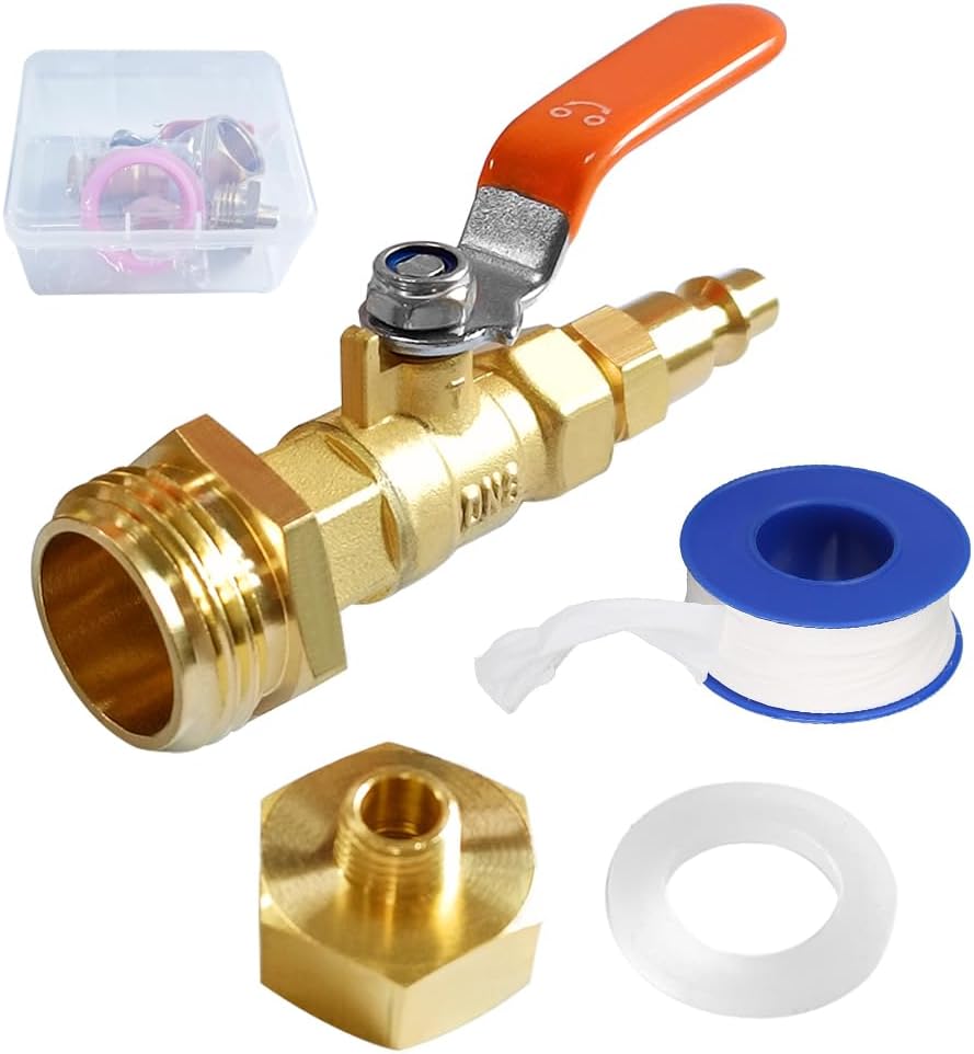 Adaptador de latón soplado RV Winterize con válvula de bola, enchufe de conexión rápida de aire de 14 pulgadas a macho de 34 pulgadas GHT y rosca