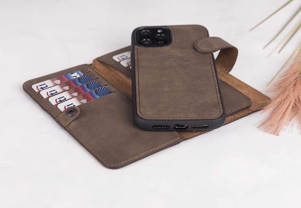 Funda de piel auténtica de alta calidad hecha a mano para iPhone 11 Pro Max de 6.5 pulgadas, tarjetero doble, funda magnética desmontable, función
