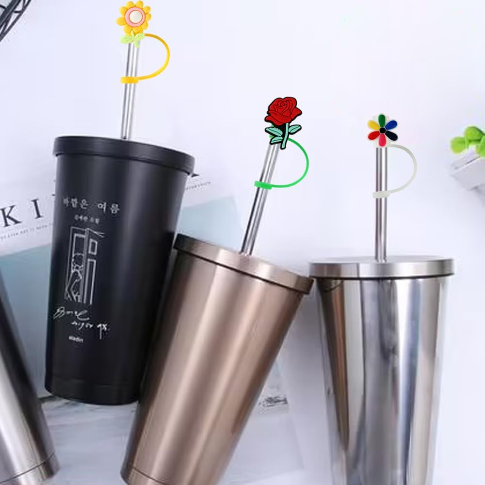 Funda de popote de silicona, 10 tapas de punta de paja reutilizables, tapones de paja de silicona reutilizables con forma de flor, protector de paja