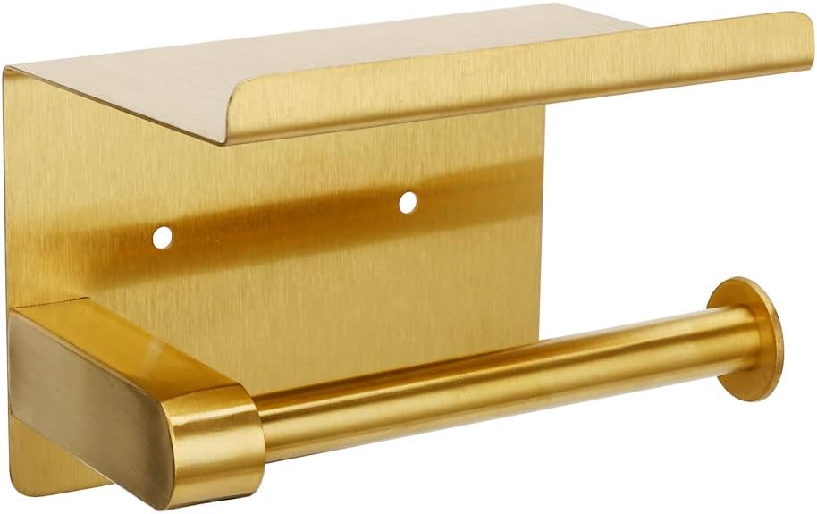 Soporte de papel higiénico dorado, soporte de papel higiénico adhesivo con estante para teléfono, soporte para rollo de papel higiénico SUS304 de