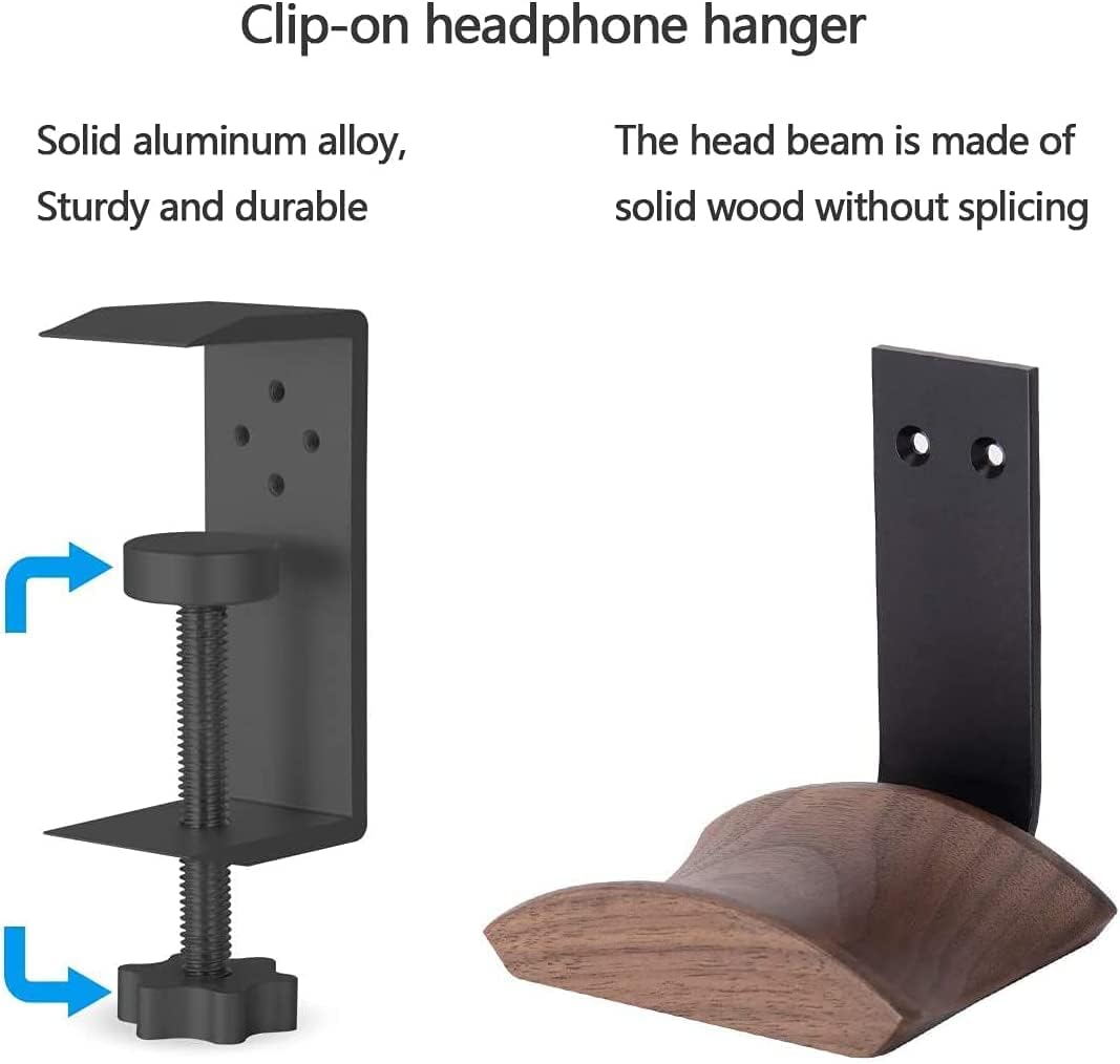 Soporte para auriculares con madera de nogal y metal sólido, soporte para auriculares de diseño ajustable compatible con todos los tamaños de