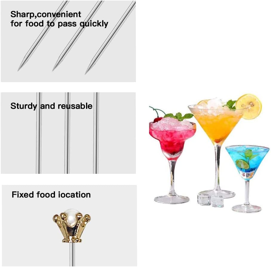Mewuthede Palillos de cóctel de acero inoxidable, palillos de martini de metal, palillos de dientes de frutas, brocheta reutilizable para adornar,