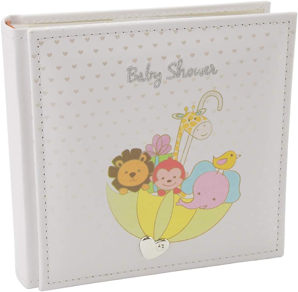 White Noah’s Ark – Álbum de fotos para baby shower con animales coloridos y corazones plateados con capacidad para 80 fotos de 4 x 6 pulgadas,