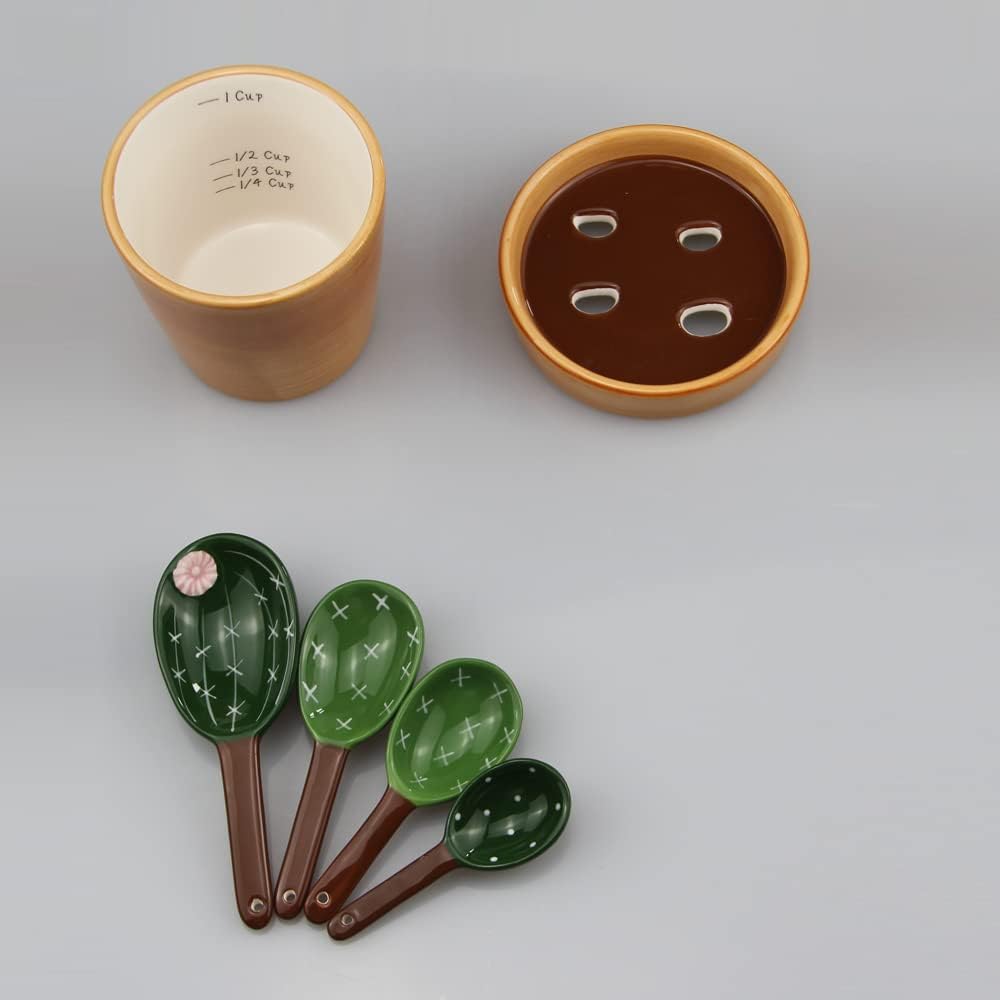 Juego de cucharas medidoras de cactus en maceta, juego de cucharas medidoras con base, cucharas medidoras de cactus de cerámica para hornear, sal,