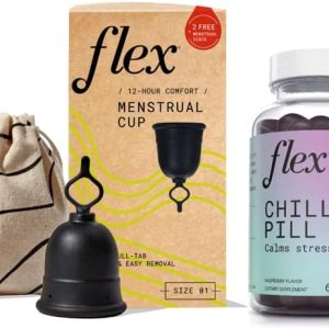 Flex Taza  Taza menstrual reutilizable  Tamaño 01 + Chill Pill Gomitas naturales para aliviar el estrés y la relajación (paquete) Flex Taza  Taza menstrual reutilizable  Tamaño 01 + Chill Pill Gomitas naturales para aliviar el estrés y la relajación (paquete)
