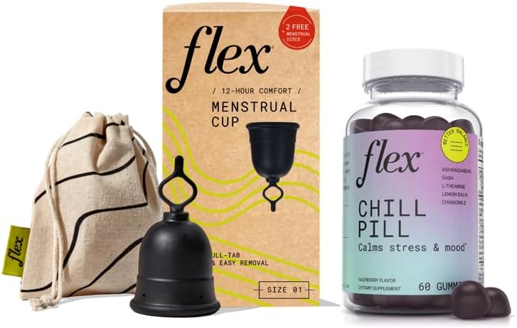 Flex Taza  Taza menstrual reutilizable  Tamaño 01 + Chill Pill Gomitas naturales para aliviar el estrés y la relajación (paquete)