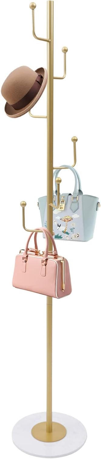 Perchero con 6 ganchos de 66.93 pulgadas de metal moderno independiente, abrigo de árbol con base de mármol para colgar sombreros, bolsos, bolsos,