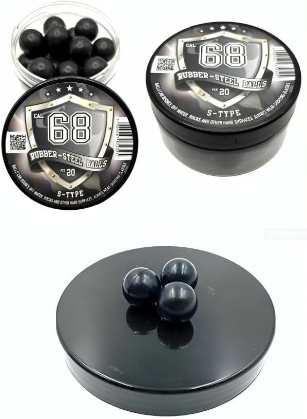 20 unidades S-Type RUBBER-STEEL BALLS en 0.68 Cal. Bolas de acero de goma dura de alta calidad para paintballs Powerballs de 0.25 oz. Munición
