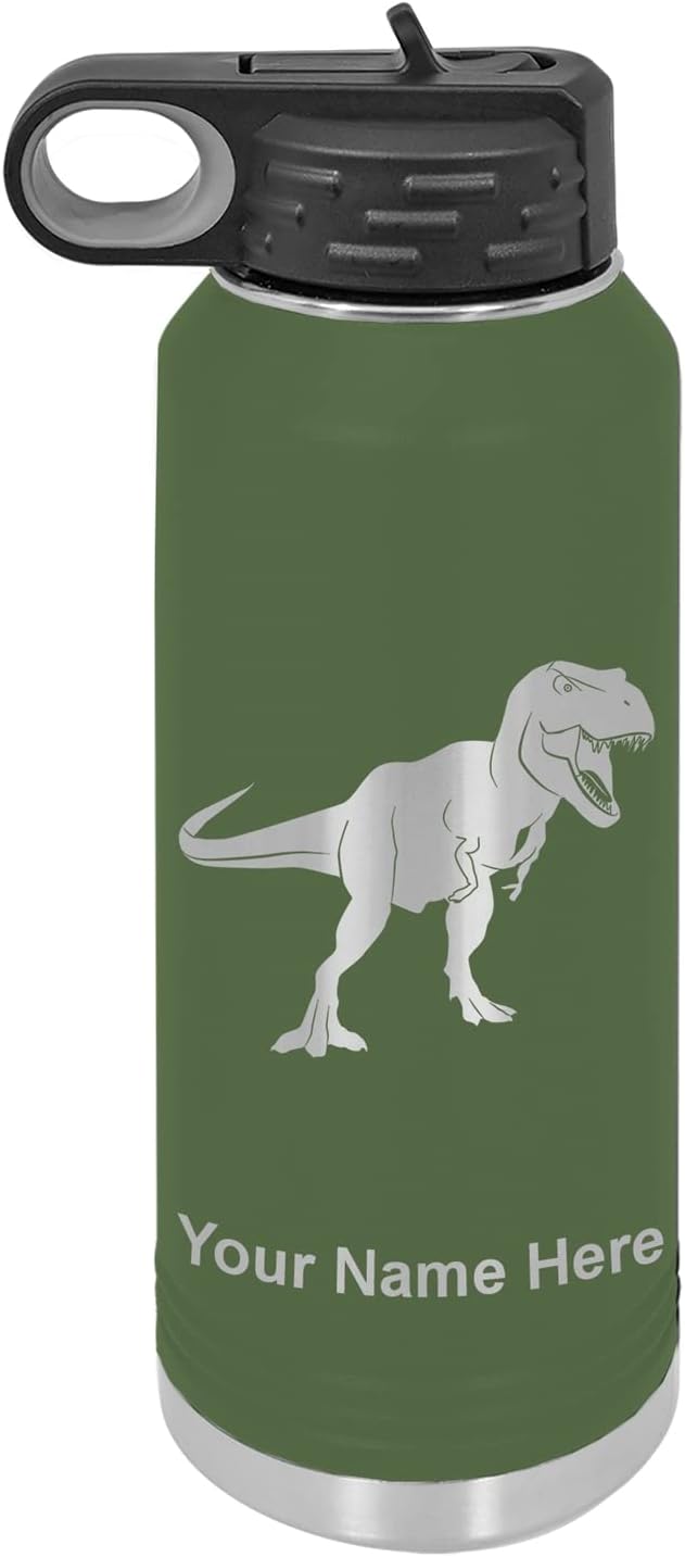 LaserGram Botella de agua de doble pared abatible de 40 onzas con pajilla, dinosaurio Tiranosaurio Rex, grabado personalizado incluido (verde
