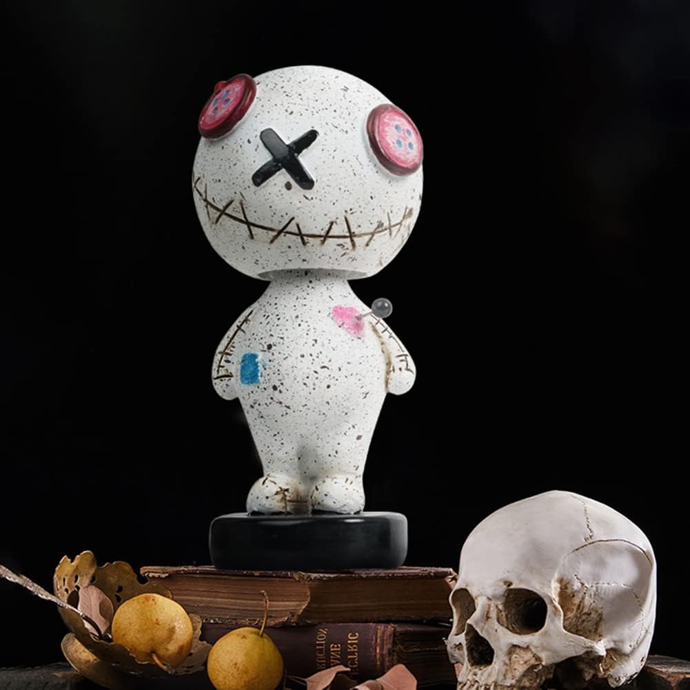 Adorno de cabeza temblorosa de Halloween, muñeca de vudú con base, decoración de tablero de instrumentos de automóvil, figura de vudú de terror,