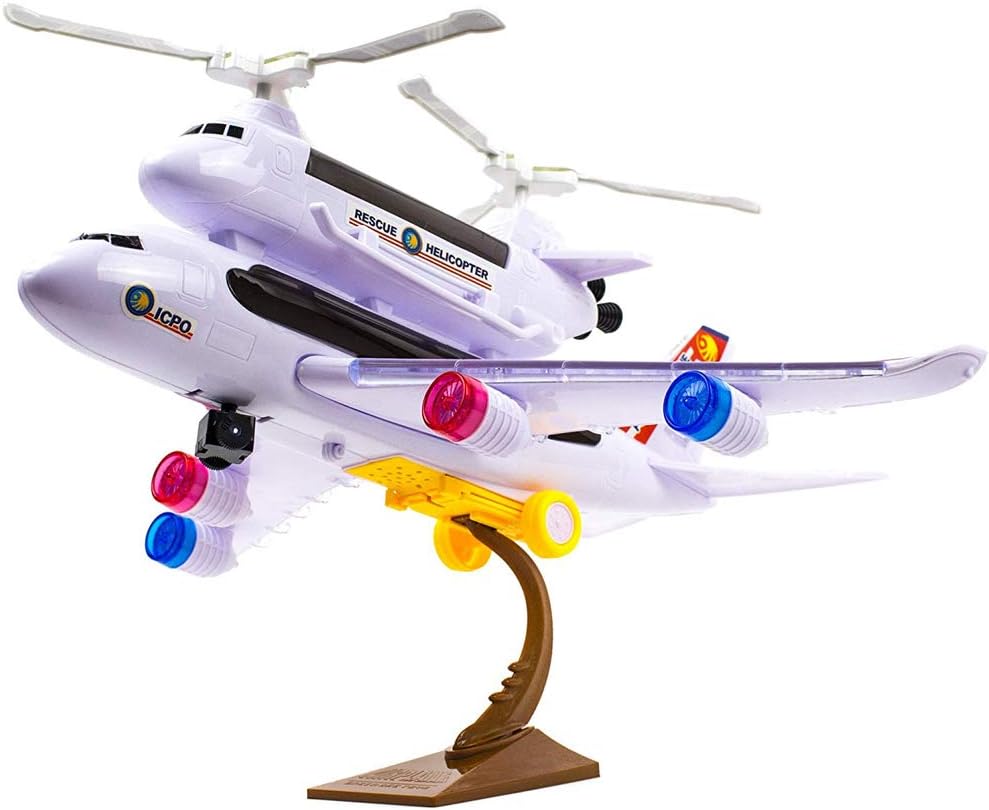 PowerTRC Bump and Go – Avión de juguete para niños con helicóptero de rescate acoplable, tiene luces 4D intermitentes y sonido, modelo de avión de