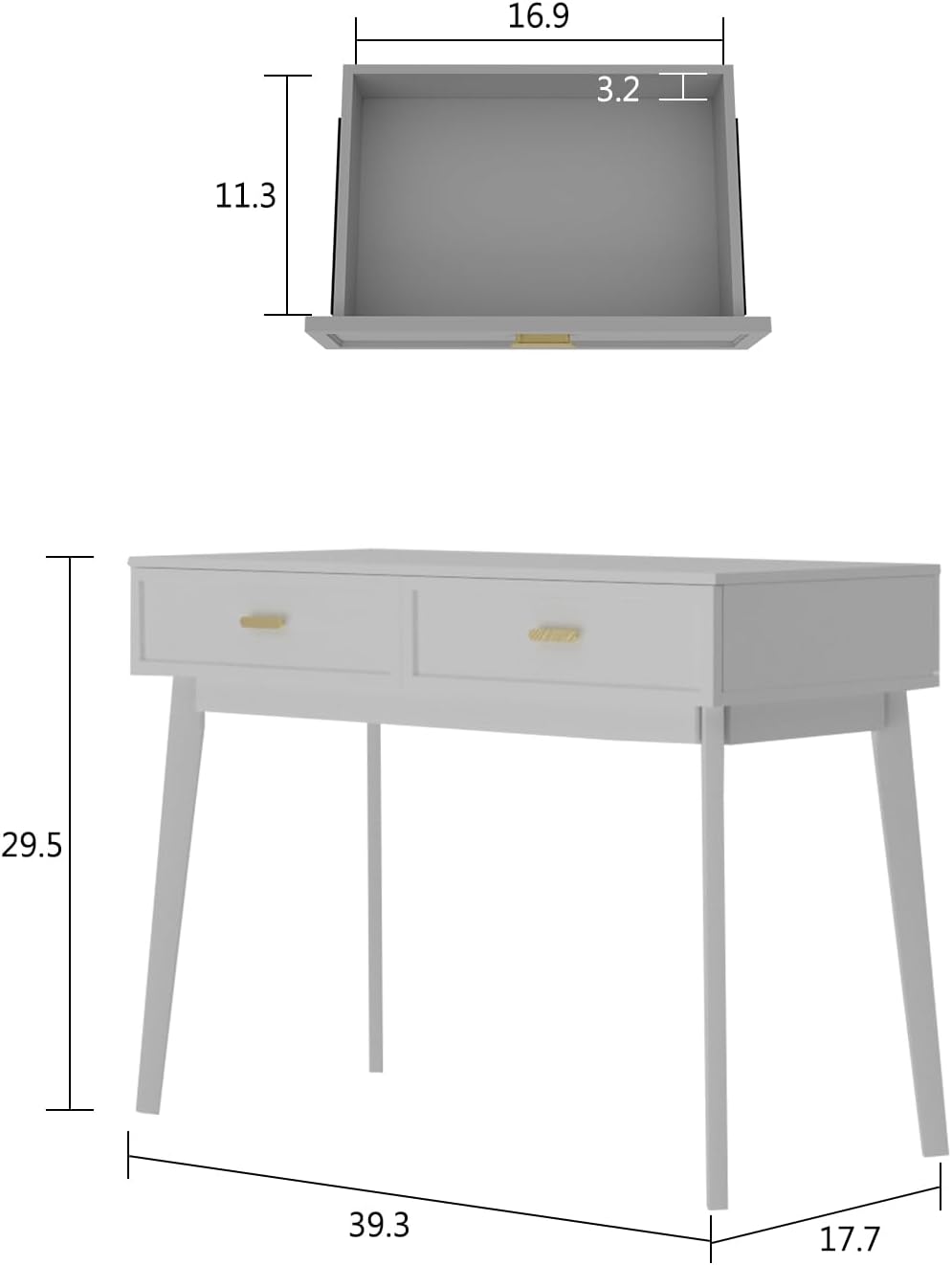 Escritorio blanco con cajones, mesa de computadora para oficina en casa, escritorio de estudio para espacios pequeños, tocador de dormitorio,