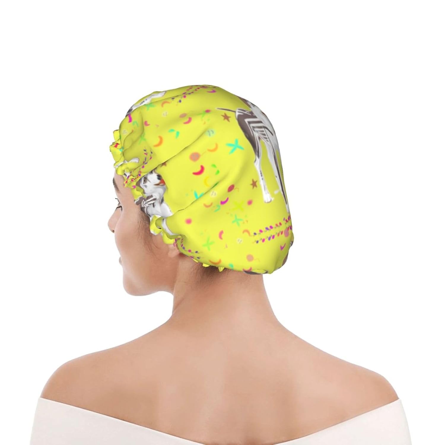 Cartoon Grey And White Dog Reusable Double Layer Waterproof Shower Cap With Elastic Cord For Home Cleaning Facial Care Shower