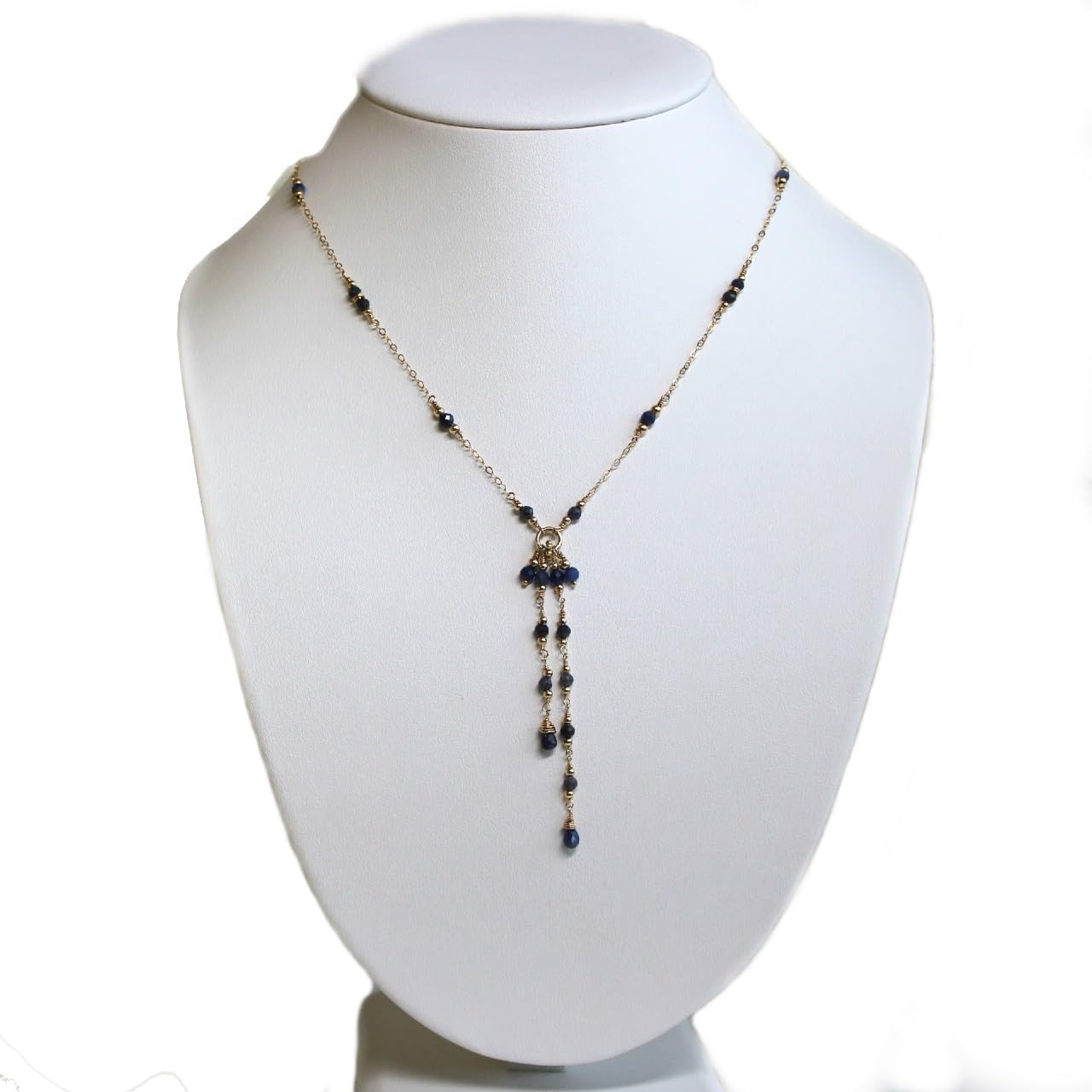 Blue Sapphire Lariat 14K Gold Filled Chain Tassel Necklace, Y Delicate Chain Necklace. Gifts for Women (17″ + 2.5″ extender, 925 sterling silver)