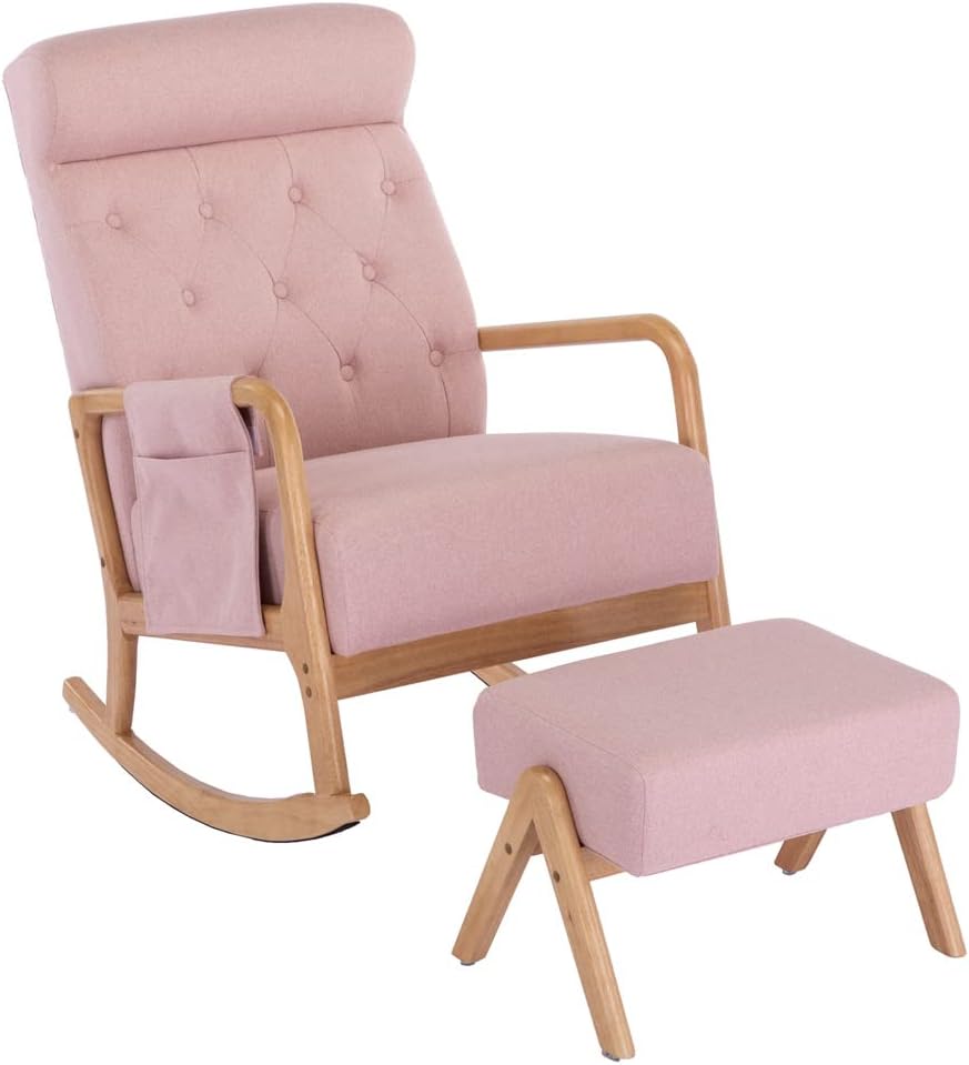 Mecedora con otomana, moderna tapizada de tela con base de madera maciza y bolsillo lateral, cómoda silla individual de respaldo alto con cojín