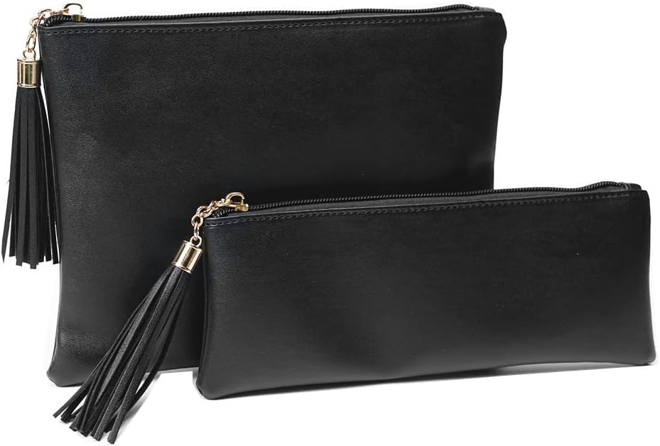 Pequeña bolsa de maquillaje para bolso, juego de 2 bolsas de maquillaje con cremallera de cuero con bolsa para brochas de maquillaje, lindas bolsas