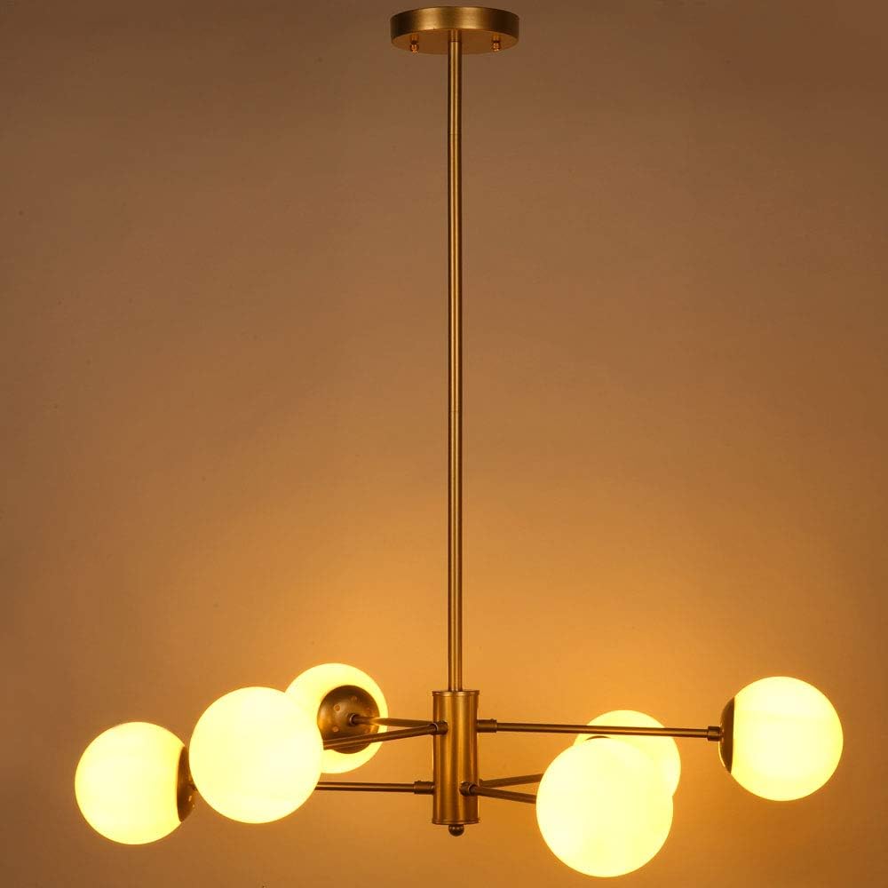 Candelabro de 6 luces doradas, lámpara moderna con pantalla de cristal de globo, lámpara de mediados de siglo para comedor, cocina y dormitorio