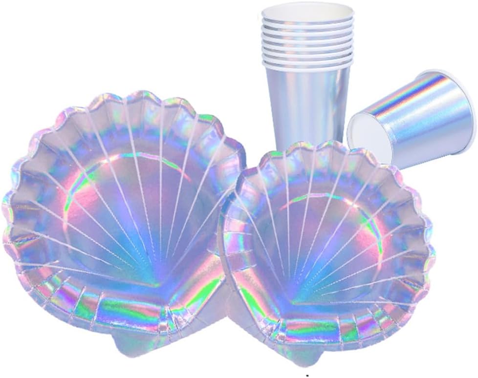 Vasos de papel de conchas marinas, suministros de fiesta de sirena, vajilla desechable con purpurina iridiscente del mundo oceánico para bodas,
