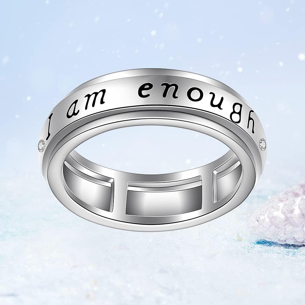 Anillo giratorio para ansiedad de plata de ley con giro de preocupación a juego con la promesa de compromiso I Am Enough Spinner Fidget anillos para